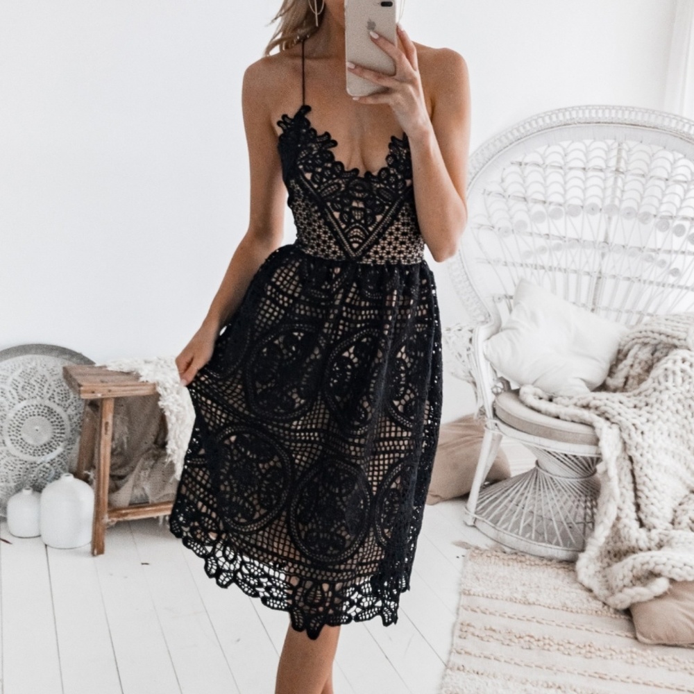Lace Overlay Black Midi Dress